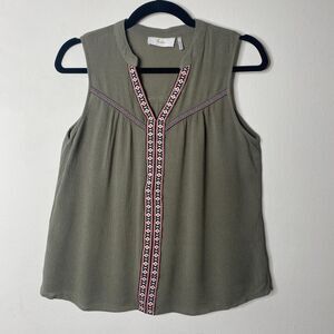 Braeve Olive Green Black Pink & White Aztec Print Trim Sleeveless Flowy Blouse S